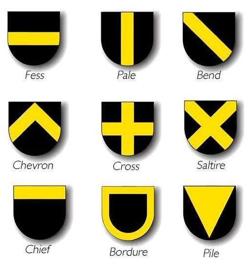A group of black and yellow shields