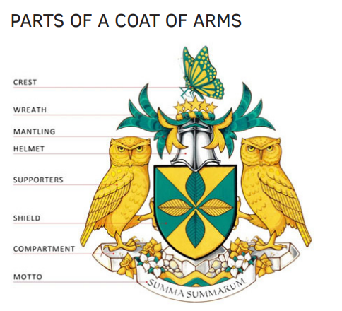 A coat of arms with yellow owls and a butterfly